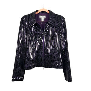 Joseph Ribkoff Purple Swirl Sequin Full Zip Up Jacket Y2K Retro Sz 10